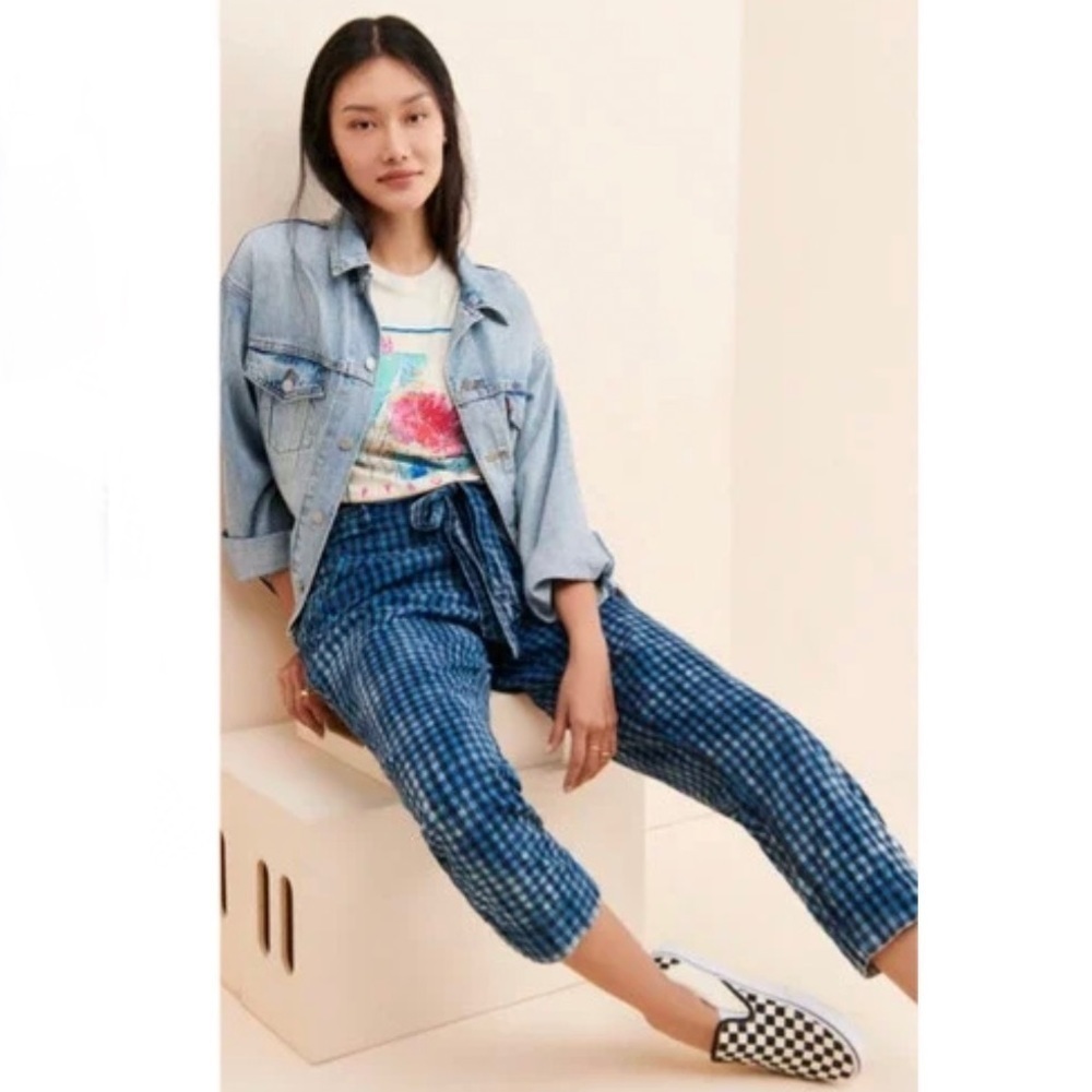 Anthropologie Maeve Avryl Bleached Slim Blue Checkered Plaid Pants